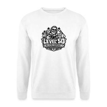 Level 50: 50. Geburtstag – Lustiges Gamer-Geschenk - Unisex Pullover - Weiß - Vorne - Alina (178cm) & Michal (187cm)