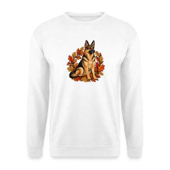 Schäferhund im Herbst - Hund mit Eichenlaub - Unisex Pullover - Weiß - Vorne - Alina (178cm) & Michal (187cm)