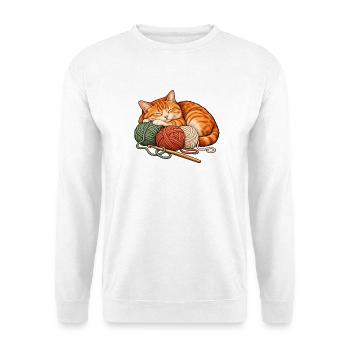 Häkeln und Katzen - Katze mit Wollknäueln - Unisex Pullover - Weiß - Vorne - Alina (178cm) & Michal (187cm)