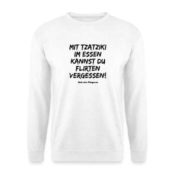 MIT TZATZIKI KANNST DU FLIRTEN VERGESSEN PITAGORAS - Unisex Pullover - Weiß - Vorne - Alina (178cm) & Michal (187cm)