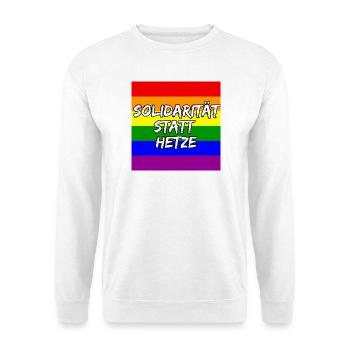 SOLIDARITÄT STATT HETZE REGENBOGEN STATEMENT - Unisex Pullover - Weiß - Vorne - Alina (178cm) & Michal (187cm)