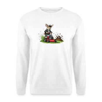 Hase auf Rasenmäher – witziges Waldduo - Unisex Pullover - Weiß - Vorne - Alina (178cm) & Michal (187cm)