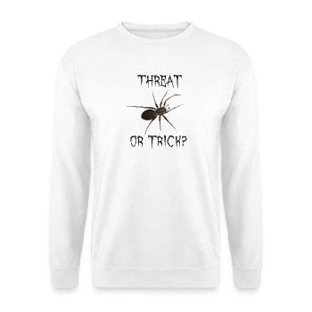 Threat or Trick - Spinne Halloween Wortspiel - Unisex Pullover - Weiß - Vorne - Alina (178cm) & Michal (187cm)