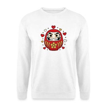 Daruma Puppe Herzen Japan Glücksbringer Shirt - Unisex Pullover - Weiß - Vorne - Alina (178cm) & Michal (187cm)