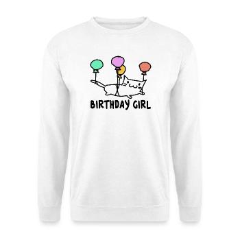 Katze mit Ballons Birthday Girl Geschenk - Unisex Pullover - Weiß - Vorne - Alina (178cm) & Michal (187cm)