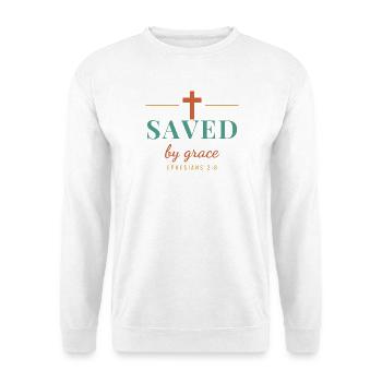 Saved By Grace – Ephesians 2:8 Christian - Unisex Pullover - Weiß - Vorne - Alina (178cm) & Michal (187cm)