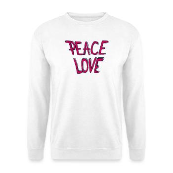 Peace Love Schriftzug in Pink - Unisex Pullover - Weiß - Vorne - Alina (178cm) & Michal (187cm)