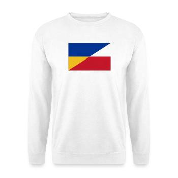 Ukraine-Polnische Flagge – Ukrainische und Polnische Einheit - Unisex Pullover - Weiß - Vorne - Alina (178cm) & Michal (187cm)