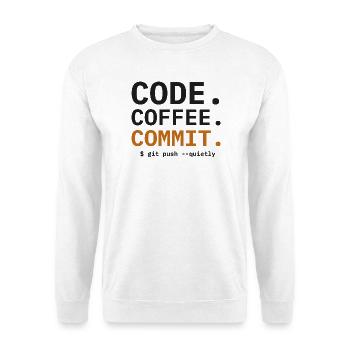 Code Coffee Commit Programmierer - Unisex Pullover - Weiß - Vorne - Alina (178cm) & Michal (187cm)