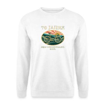 70 Jahre Lieblingsgang: Fahrrad-Retro - Unisex Pullover - Weiß - Vorne - Alina (178cm) & Michal (187cm)