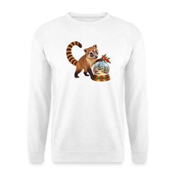 Nasenbär mit winterlicher Beerenwald-Schneekugel - Unisex Pullover - Weiß - Vorne - Alina (178cm) & Michal (187cm)