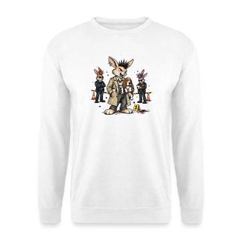 Bunny Punk: Hase Gangsterjäger im Trenchcoat - Unisex Pullover - Weiß - Vorne - Alina (178cm) & Michal (187cm)