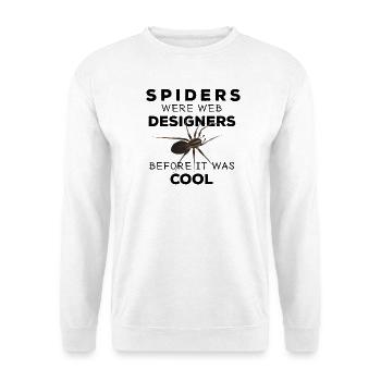 Spiders were web designers - Spinne Nerd Spruch - Unisex Pullover - Weiß - Vorne - Alina (178cm) & Michal (187cm)