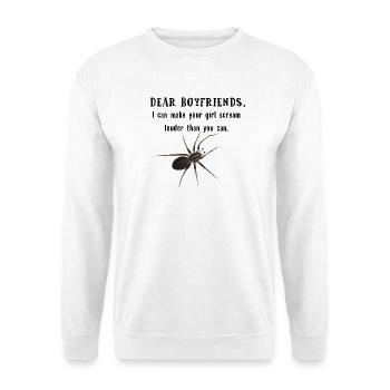 Dear Boyfriends - Spinne lässt Freundin schreien - Unisex Pullover - Weiß - Vorne - Alina (178cm) & Michal (187cm)