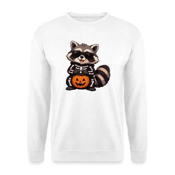 Skelett-Raccoon mit Kürbis - Unisex Pullover - Weiß - Vorne - Alina (178cm) & Michal (187cm)
