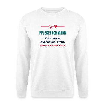 Pflegefachmann – Puls ruhig, Nerven aus Stahl - Unisex Pullover - Weiß - Vorne - Alina (178cm) & Michal (187cm)