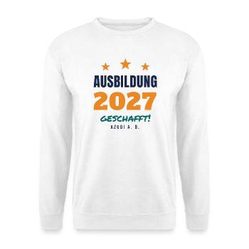 Ausbildung 2027 geschafft – Azubi a. D. Geschenk - Unisex Pullover - Weiß - Vorne - Alina (178cm) & Michal (187cm)