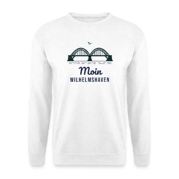 Moin Wilhelmshaven – Brücke Hafen Nordsee Motiv - Unisex Pullover - Weiß - Vorne - Alina (178cm) & Michal (187cm)