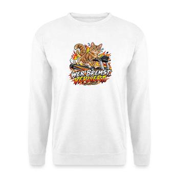 Wer bremst, verliert! – Lustige Fitnesskatze - Unisex Pullover - Weiß - Vorne - Alina (178cm) & Michal (187cm)