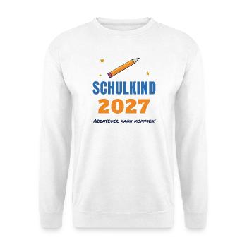 Schulkind 2027 – Einschulung Abenteuer kann kommen - Unisex Pullover - Weiß - Vorne - Alina (178cm) & Michal (187cm)