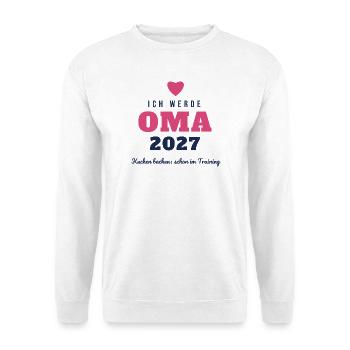 Oma 2027 – Ich werde Oma Kuchen backen Training - Unisex Pullover - Weiß - Vorne - Alina (178cm) & Michal (187cm)