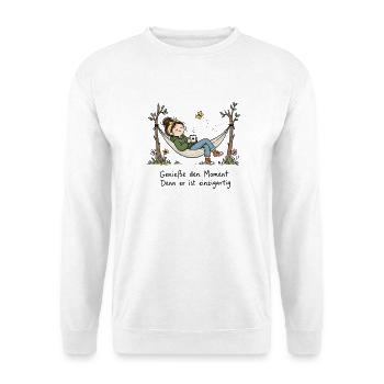 Genieße den Moment Einzigartig Hängematte - Unisex Pullover - Weiß - Vorne - Alina (178cm) & Michal (187cm)