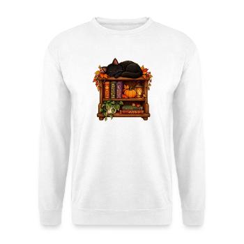 Herbst-Bücherregal-Katze - Unisex Pullover - Weiß - Vorne - Alina (178cm) & Michal (187cm)