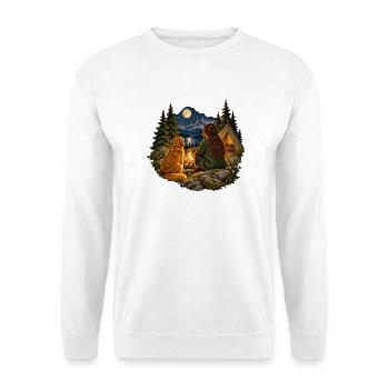 Frau und Hund am Lagerfeuer Camping - Unisex Pullover - Weiß - Vorne - Alina (178cm) & Michal (187cm)