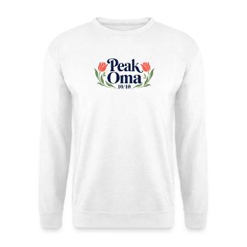 Peak Oma 10/10 – Geschenk für die beste Oma - Unisex Pullover - Weiß - Vorne - Alina (178cm) & Michal (187cm)