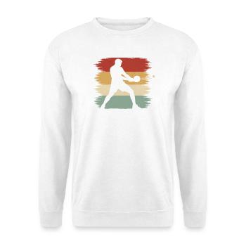 Tischtennis Rückhand Block Retro Silhouette - Unisex Pullover - Weiß - Vorne - Alina (178cm) & Michal (187cm)