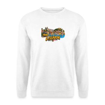 Lissabon Farbscape Tram Hafen - Unisex Pullover - Weiß - Vorne - Alina (178cm) & Michal (187cm)