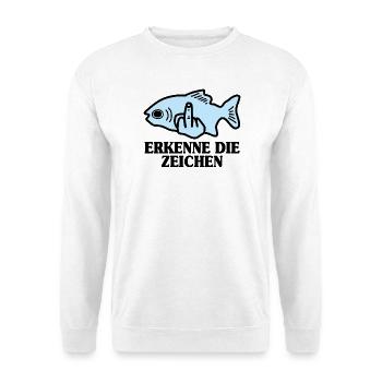 Erkenne die Zeichen Fisch Angler - Unisex Pullover - Weiß - Vorne - Alina (178cm) & Michal (187cm)