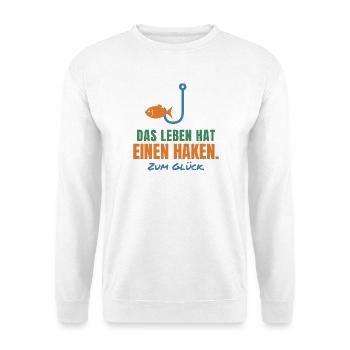 Das Leben hat einen Haken. Zum Glück. Angler - Unisex Pullover - Weiß - Vorne - Alina (178cm) & Michal (187cm)