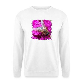 Blütenbiene oder Drohne auf pinker Blüte - Unisex Pullover - Weiß - Vorne - Alina (178cm) & Michal (187cm)