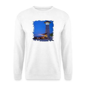Leuchtturm am Strand von Bayahibe bei Nacht - Unisex Pullover - Weiß - Vorne - Alina (178cm) & Michal (187cm)