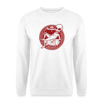 Cosmos Vigil: Entspanntes kosmisches Skelett - Unisex Pullover - Weiß - Vorne - Alina (178cm) & Michal (187cm)