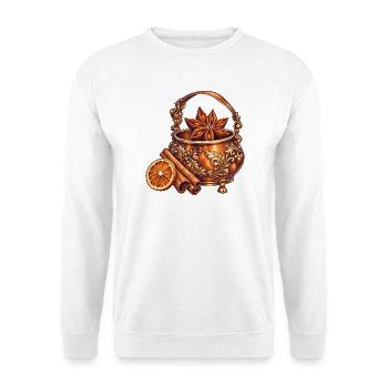 Ornamentierter Kupferkessel mit Gewürzstern - Unisex Pullover - Weiß - Vorne - Alina (178cm) & Michal (187cm)