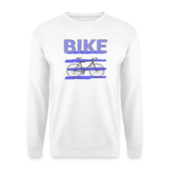 Fette Fahrradgrafik mit lila Streifen - Unisex Pullover - Weiß - Vorne - Alina (178cm) & Michal (187cm)