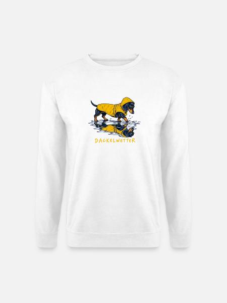Dackelwetter Dackel in gelbem Regenponcho - Unisex Pullover - Weiß