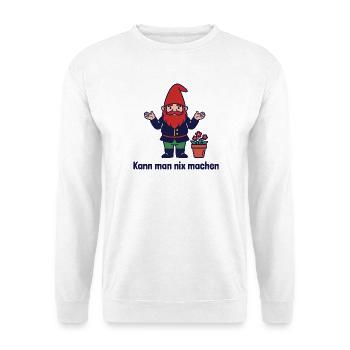 Kann man nix machen Gartenzwerg Schulterzucken - Unisex Pullover - Weiß - Vorne - Alina (178cm) & Michal (187cm)