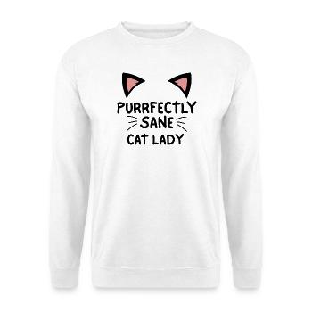 Purrfekt vernünftige Katzen-Damen-Shirt | Lustiges Katzen-Mama-T-Shirt - Unisex Pullover - Weiß - Vorne - Alina (178cm) & Michal (187cm)