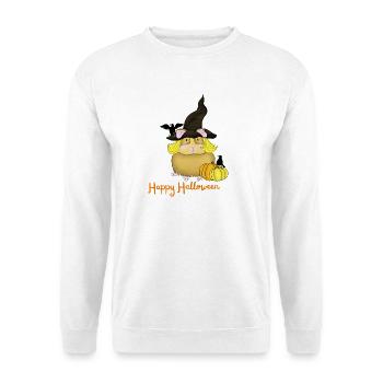 Kleines Hexenmeerschweinchen mit Kürbissen - Unisex Pullover - Weiß - Vorne - Alina (178cm) & Michal (187cm)