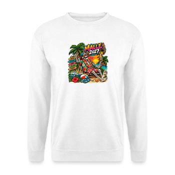 JGA Mallorca 2027 – Junggesellenabschied auf Malle - Unisex Pullover - Weiß - Vorne - Alina (178cm) & Michal (187cm)