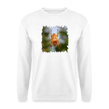 Orangene Gartenkreuz Spinne im Netz - Unisex Pullover - Weiß - Vorne - Alina (178cm) & Michal (187cm)