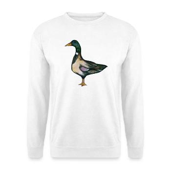 Aquarell-Ente im smaragdgrünen Gefieder - Unisex Pullover - Weiß - Vorne - Alina (178cm) & Michal (187cm)