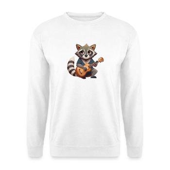 Waschbär spielt Gitarre - Unisex Pullover - Weiß - Vorne - Alina (178cm) & Michal (187cm)