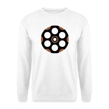 Revolver Trommel Grafik - Unisex Pullover - Weiß - Vorne - Alina (178cm) & Michal (187cm)