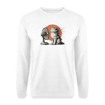 Katze vor dem Ventilator – Lustiges Sommermotiv - Unisex Pullover - Weiß - Vorne - Alina (178cm) & Michal (187cm)