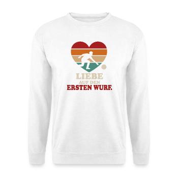 Liebe auf den ersten Wurf Kegeln Retro Herz - Unisex Pullover - Weiß - Vorne - Alina (178cm) & Michal (187cm)