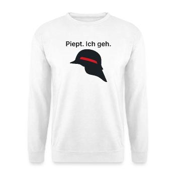Piept. Ich geh. - Feuerwehr Geschenk Melder - Unisex Pullover - Weiß - Vorne - Alina (178cm) & Michal (187cm)